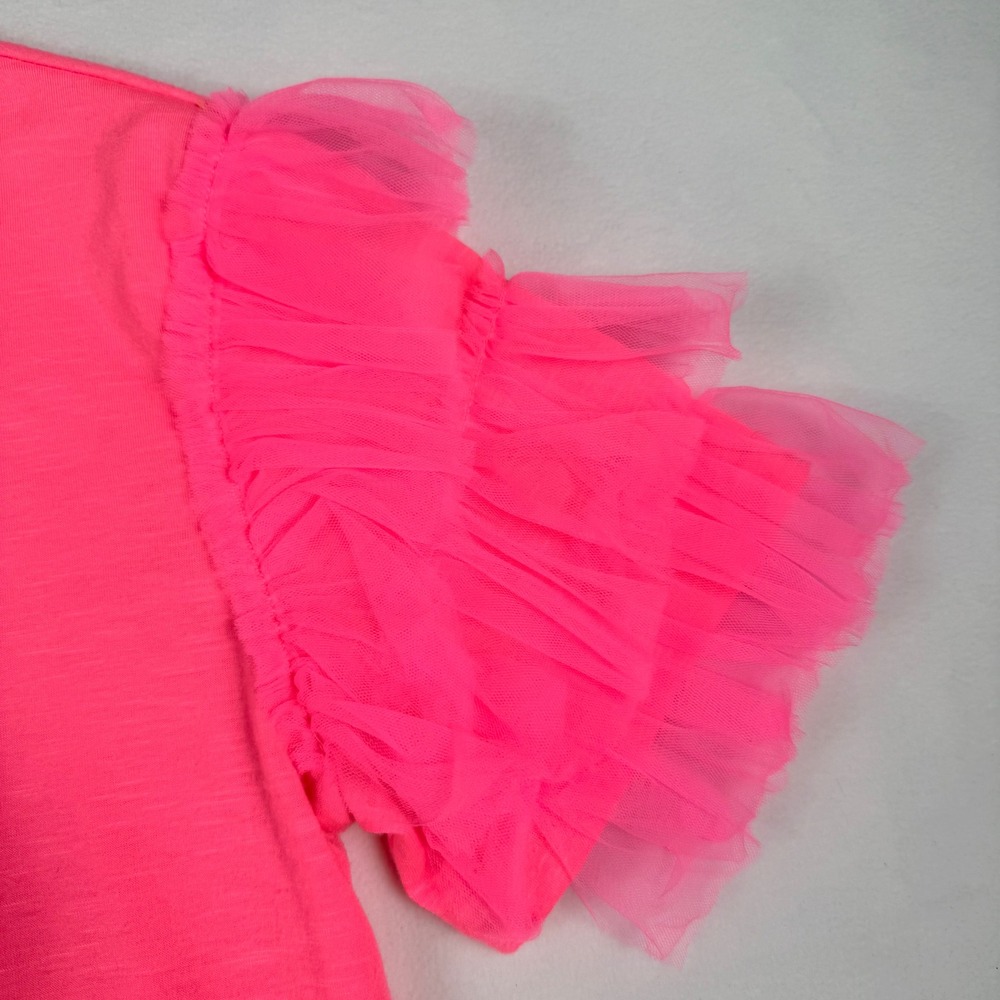 BIBI Tulle Ruffle Sleeve Top Large Neon Pink Barbiecore Y2K Statement Tee - Picture 3 of 7